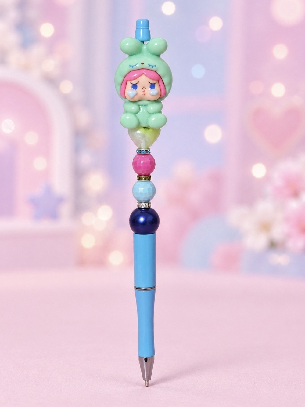 Green Cry Baby Bunny Girl Handmade Beaded Pen